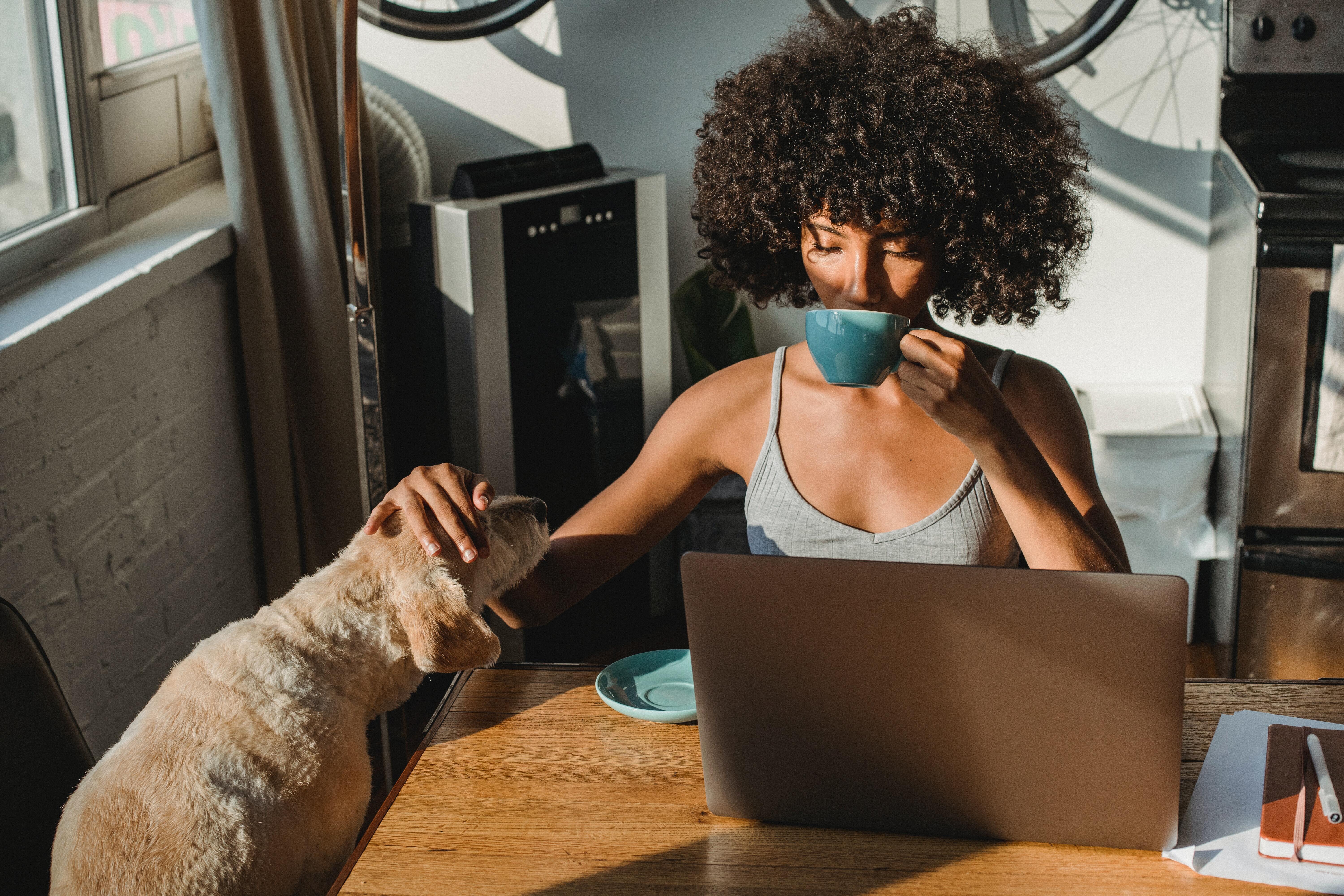 Customer retention: A woman sat at her desk, behind her laptop, drinking coffee in one hand and patting her dog that sits next to her in with the other.