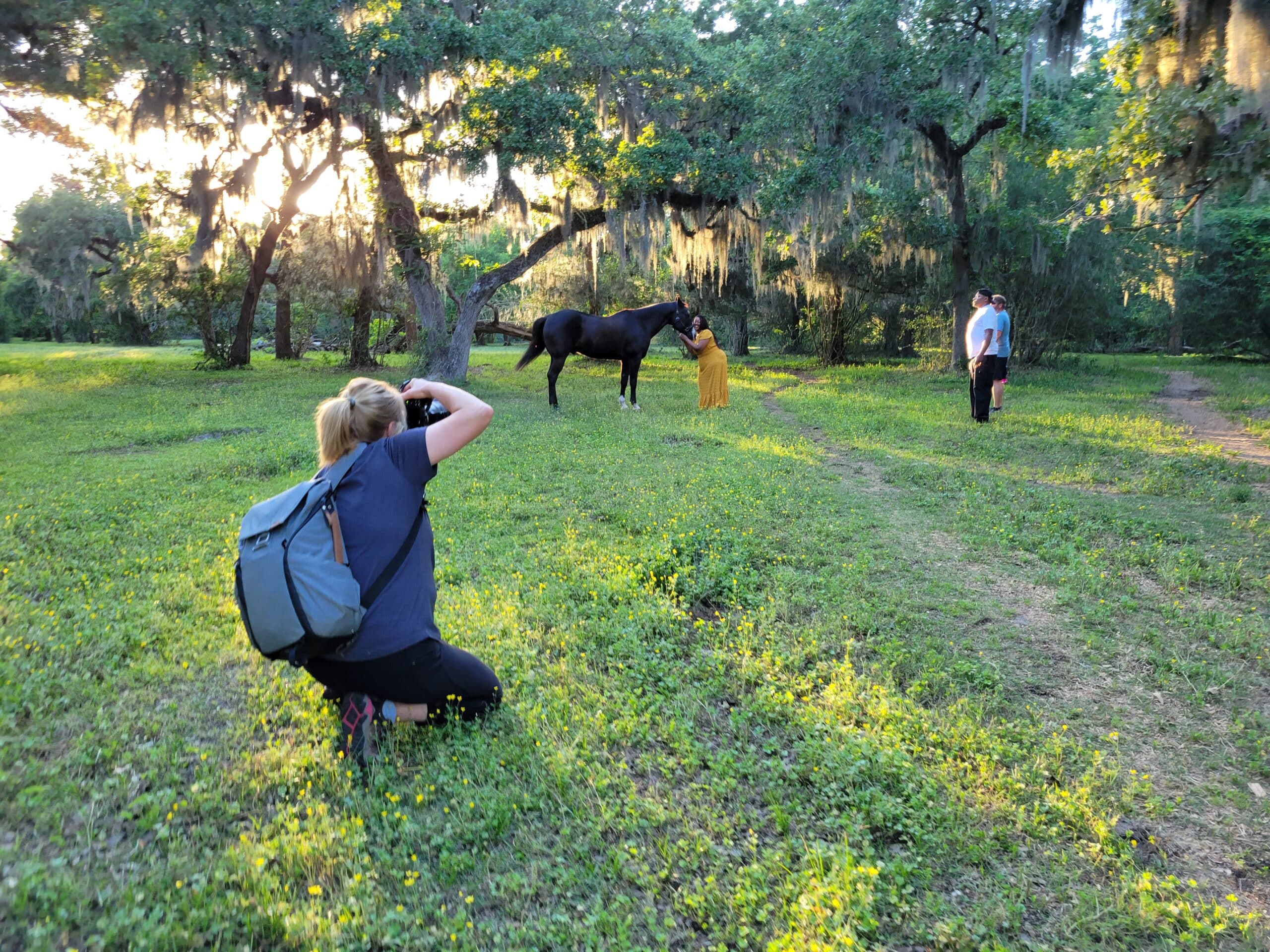 Kelly J. Russo Photography. A behind the scenes shot of Kelly on an equine photoshoot. The photo is taken from behind as she is crouched on the floor to get an angled shot of a horse in the distance.