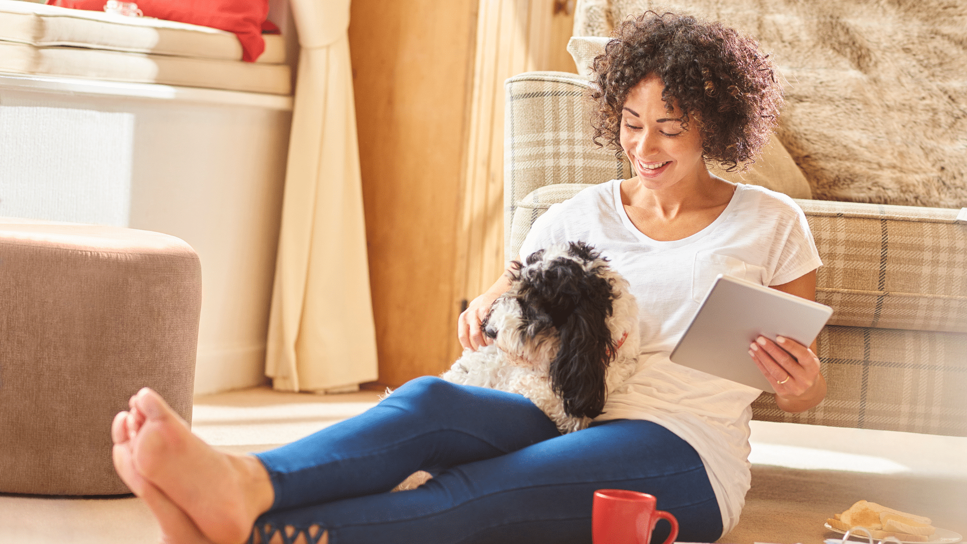 A woman with a dog in her lap searching for pet business insurance on her ipad.